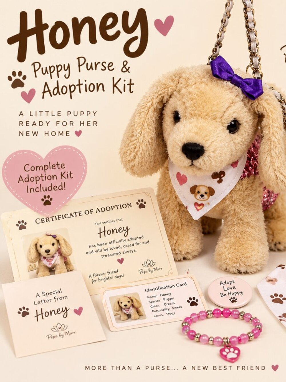 Honey Puppy Purse & Full Adoption Kit | Kawaii Curated Gift Set
